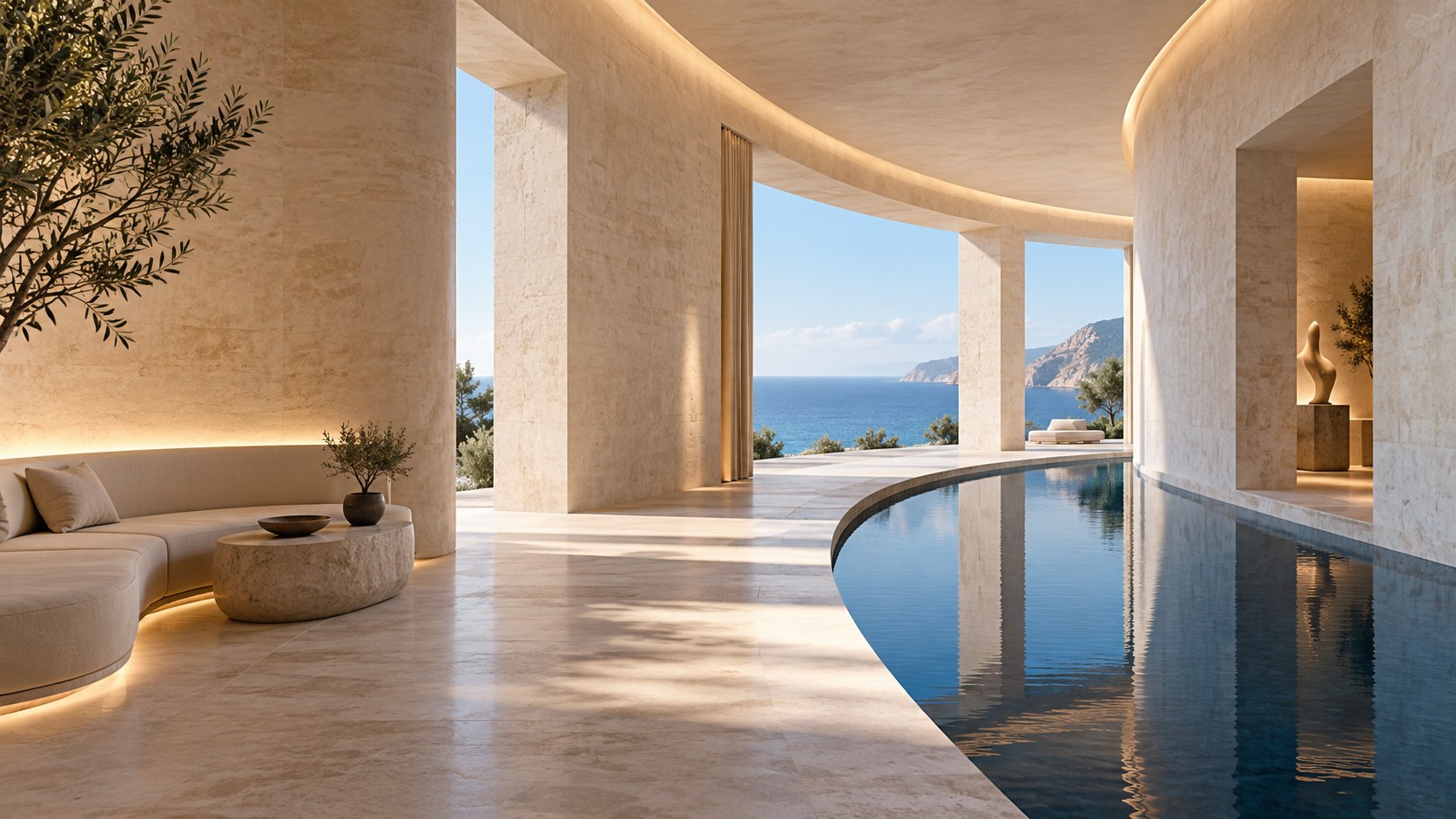 Architectural concept of an ivory stone lounge opening toward the sea